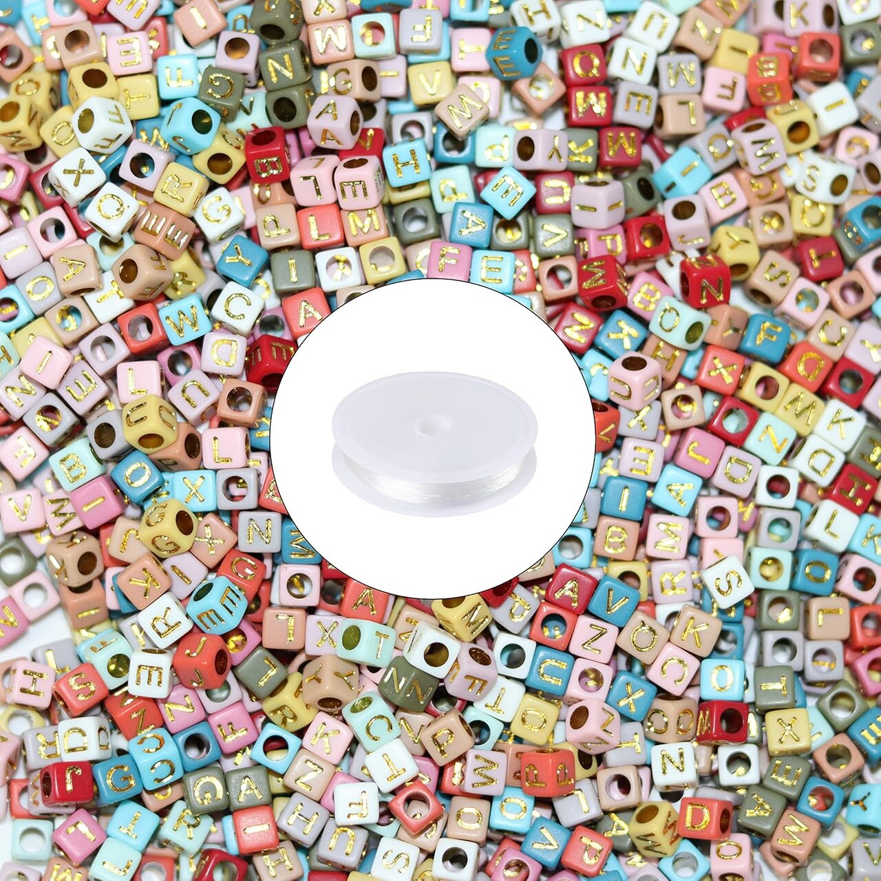 Letter Beads, Augshy 1400 Pcs Morandi Cube Alphabet Beads,Square Letter Beads with 1 Roll 10M Crystal String Cord